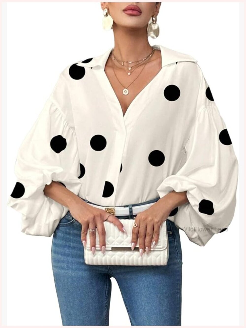 V Neck Loose Blouse Long Puff Sleeve Shirt Polka Dots Print Tops - Picture 1 of 3